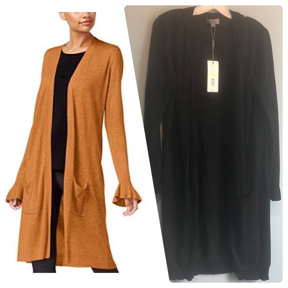 Joseph A Black Ruffle Sleeve Open Front Sweater